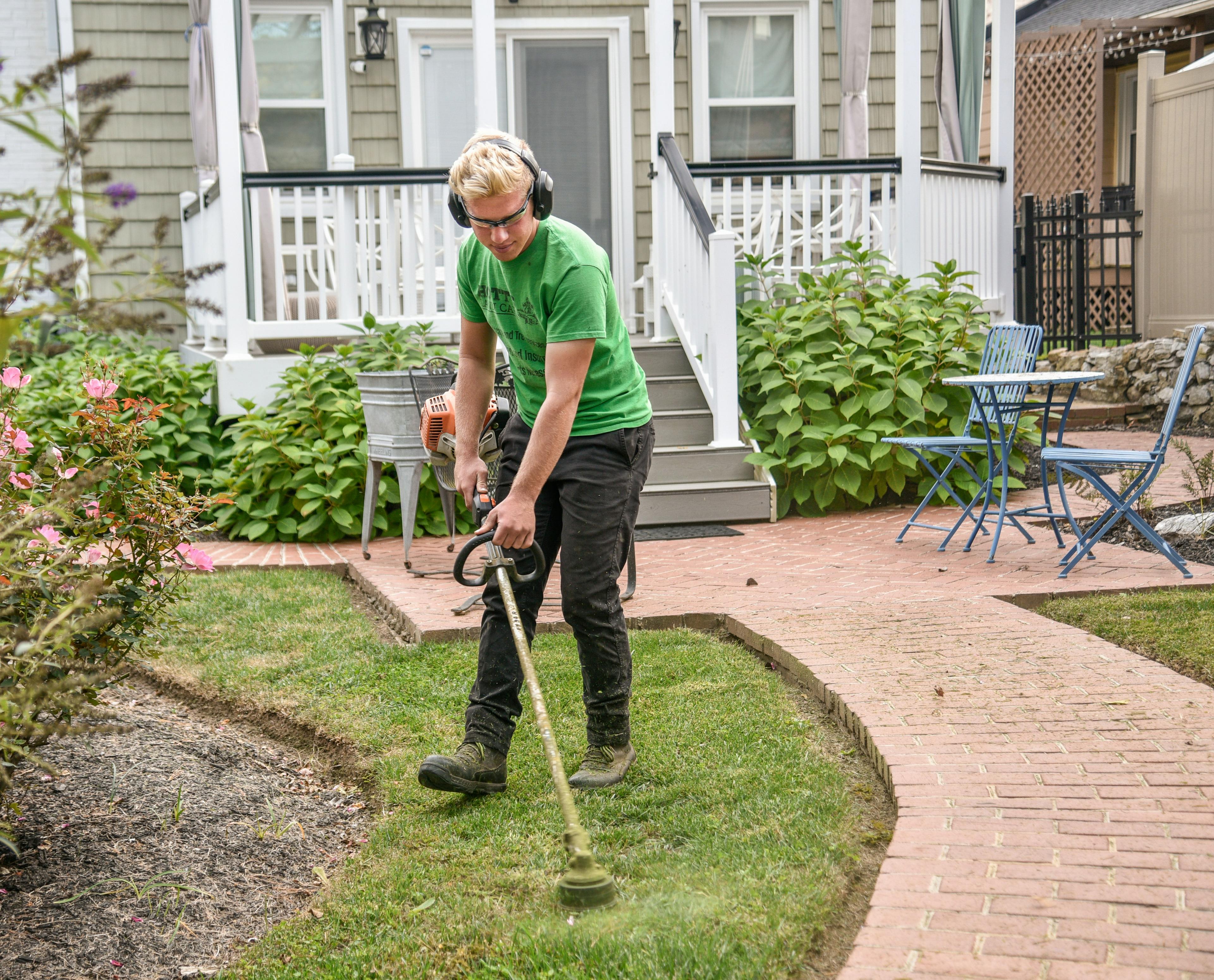 Gardening crew trimming hedges in a subtropical garden